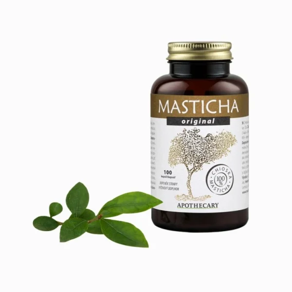 Masticha Original Apothecary 100 kapsúl s listami na bielom pozadí