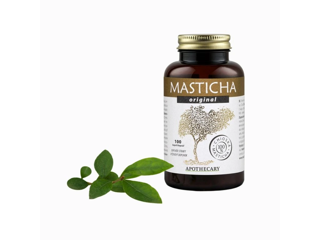 Masticha Original Apothecary 100 kapsúl s listami na bielom pozadí