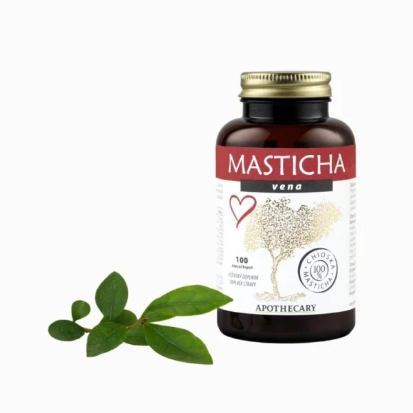 Masticha Vena Apothecary 100 kapsúl s listami na bielom pozadí