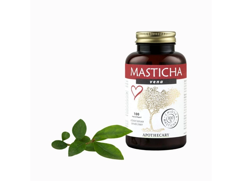 Masticha Vena Apothecary 100 kapsúl s listami na bielom pozadí