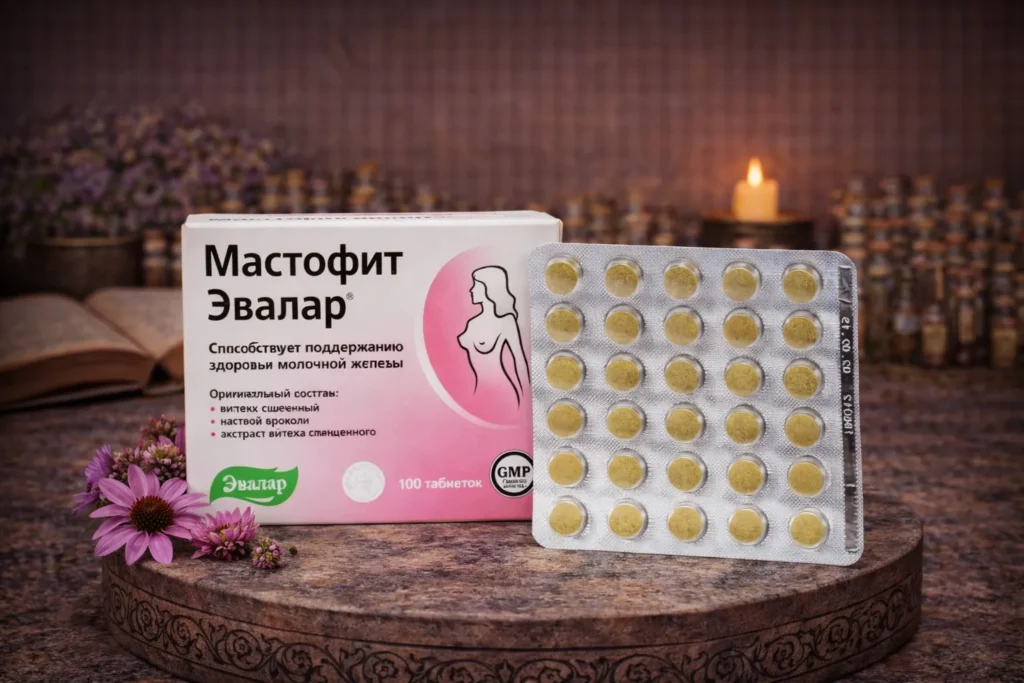 Mastofit Evalar 100 tabliet s krabičkou, blistrom a ružovými kvetmi