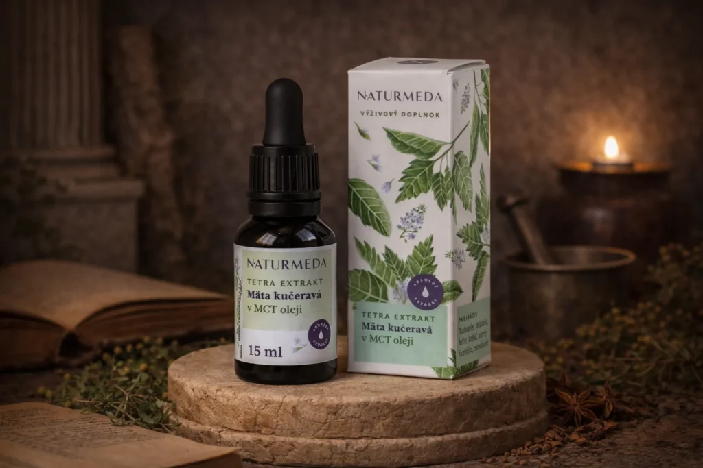 Mäta kučeravá v MCT oleji Naturmeda s kvapkadlom v rustikálnom aranžmáne