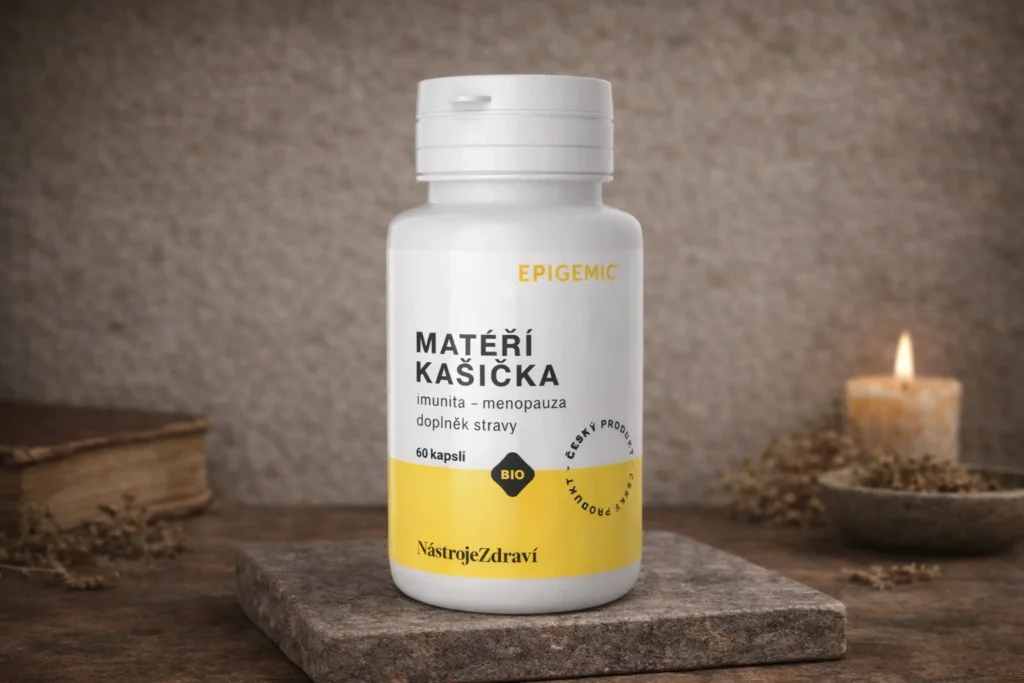 Materská kašička BIO Epigemic 60 kapsúl v bielej dóze pri sviečke