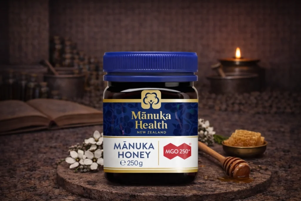 Manuka med MGO 250+ Manuka Health s medovým pozadím