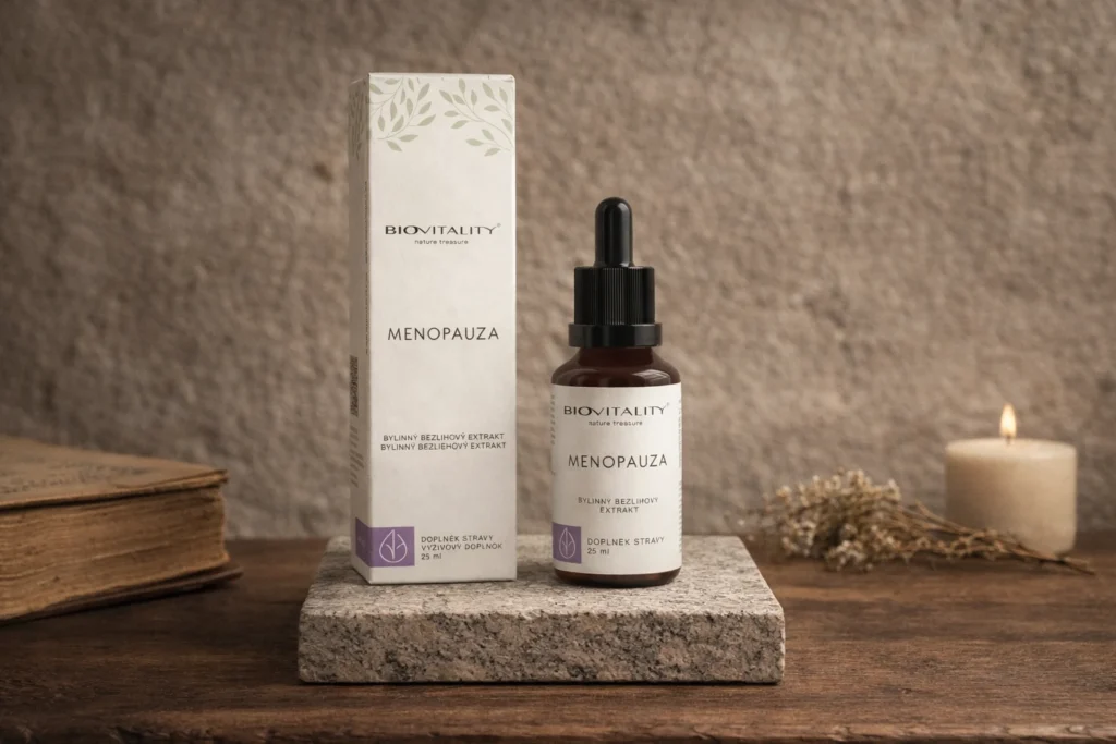 Menopauza BioVitality kvapky s krabičkou v pokojnej prírodnej scéne