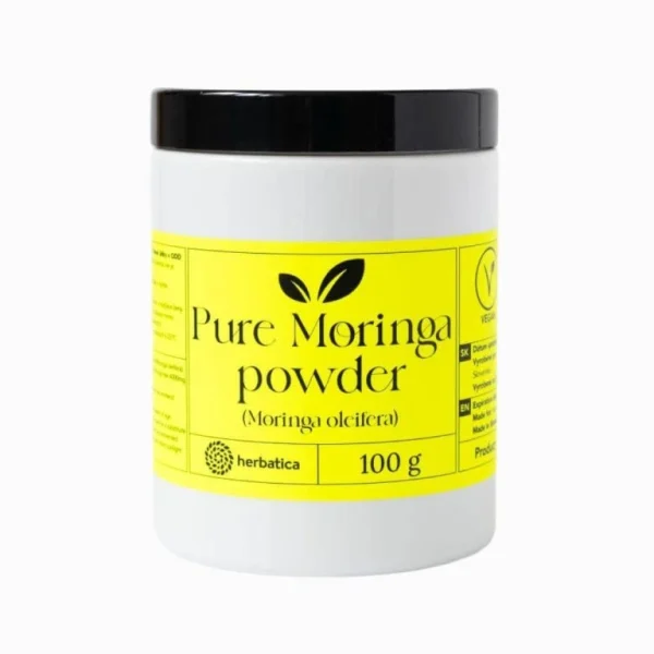 Moringa prášok Herbatica 100 g v bielej dóze so žltou etiketou
