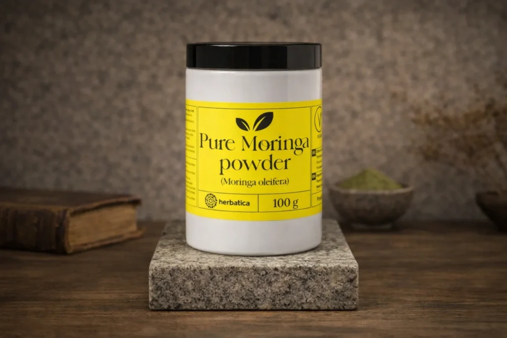 Moringa prášok Herbatica 100 g v bielej dóze na podstavci