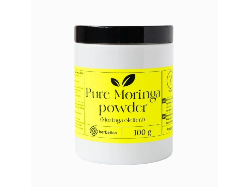 Moringa prášok Herbatica 100 g v bielej dóze so žltou etiketou