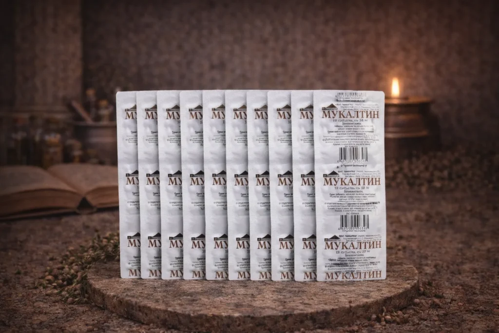Mukaltin na dýchacie cesty Vifiteh v blistri na prírodnom pozadí