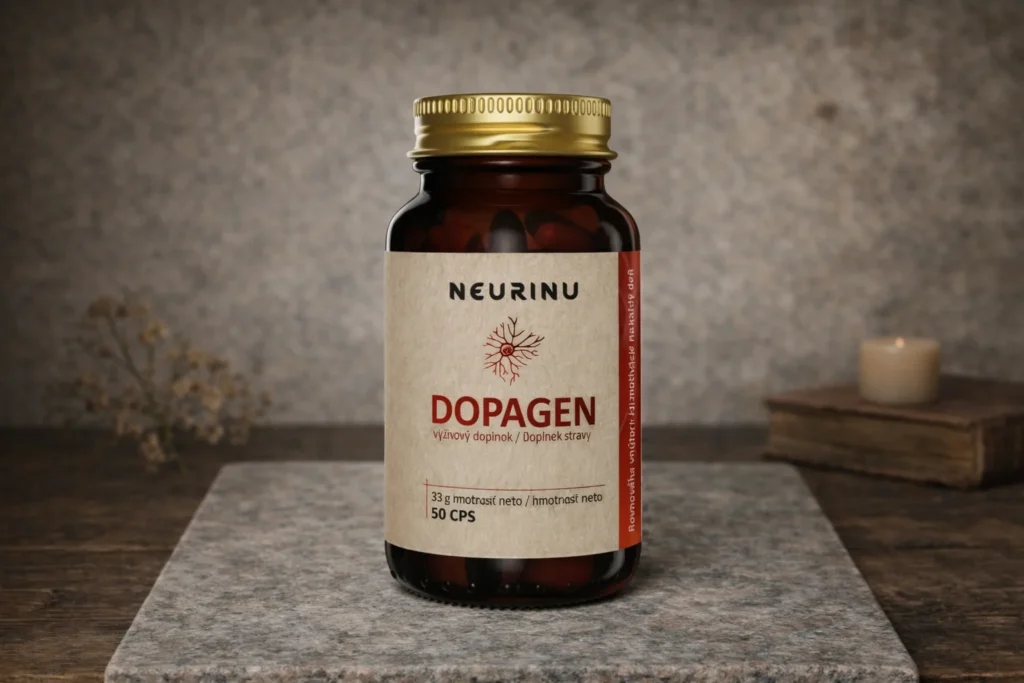 NEURINU Dopagen 50 kapsúl v tmavej fľaštičke na kamennom podklade