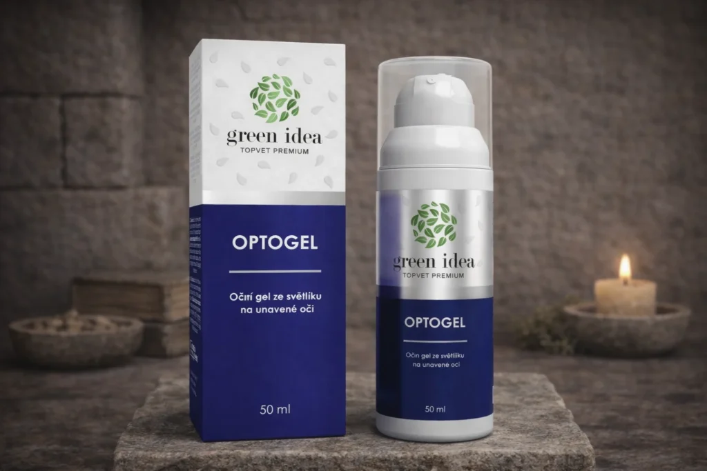 Optogel očný gél Green idea 50 ml s krabičkou na kamennom podklade