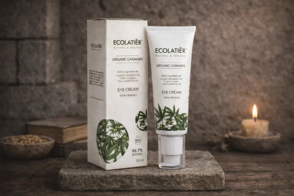 Spevňujúci očný krém Organic Cannabis Ecolatier 30 ml na kamennom podklade