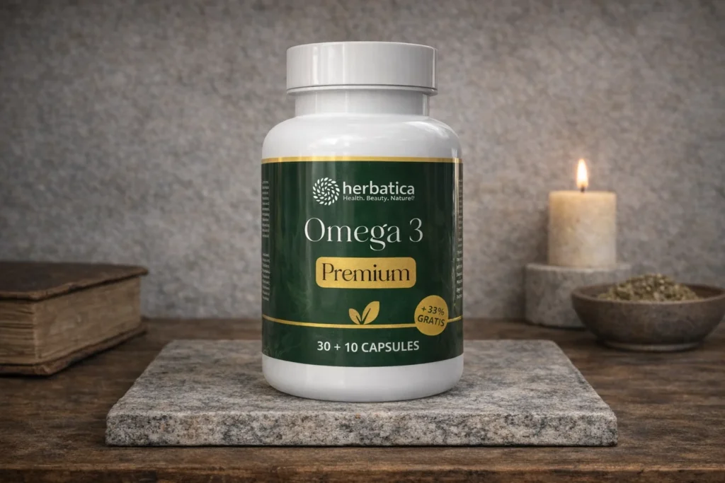 Omega 3 Premium Herbatica v bielej dóze na kamennom podstavci