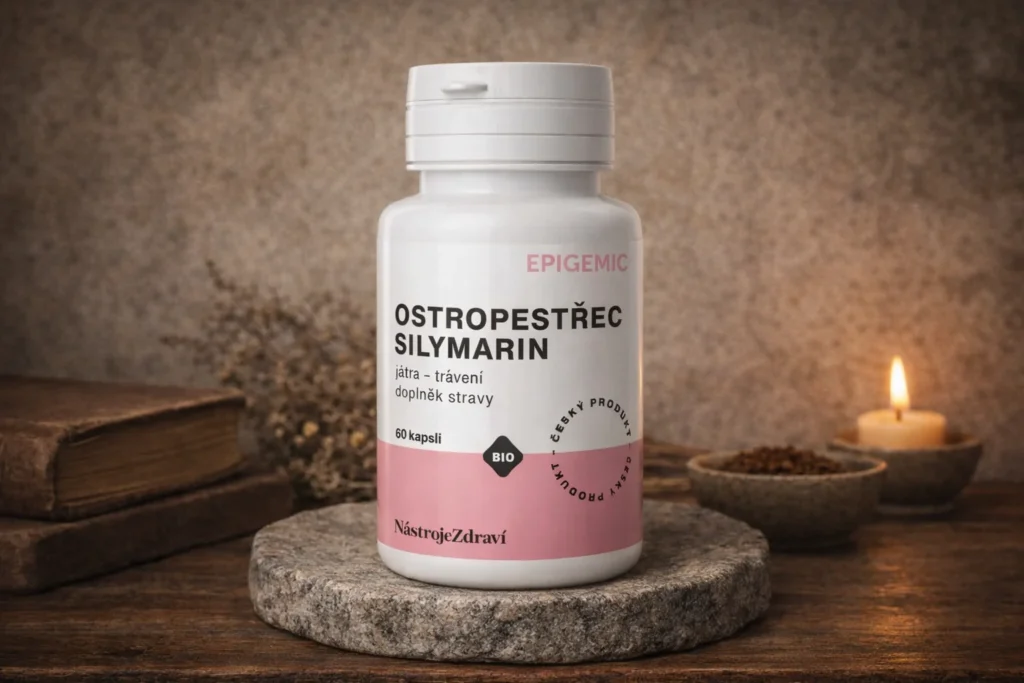 Ostropestrec Silymarin Epigemic BIO na kamennej podložke so sviečkou