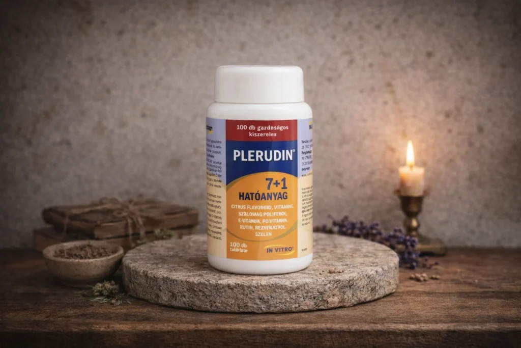 Plerudin tablety 7+1 účinných látok na rustikálnom podklade so sviečkou