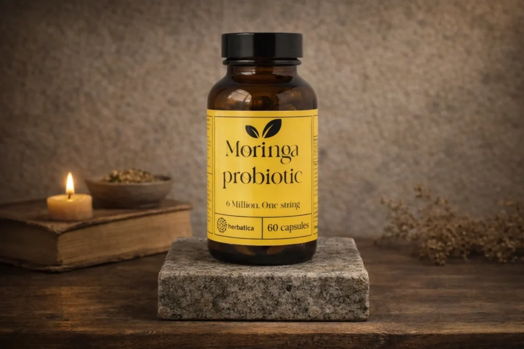 Moringa probiotic Herbatica v hnedej dóze na kamennom podstavci