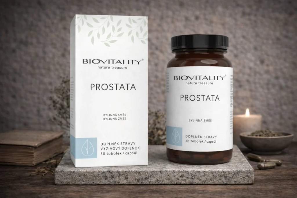 Prostata kapsuly BioVitality s krabičkou a dózou v prírodnej scéne