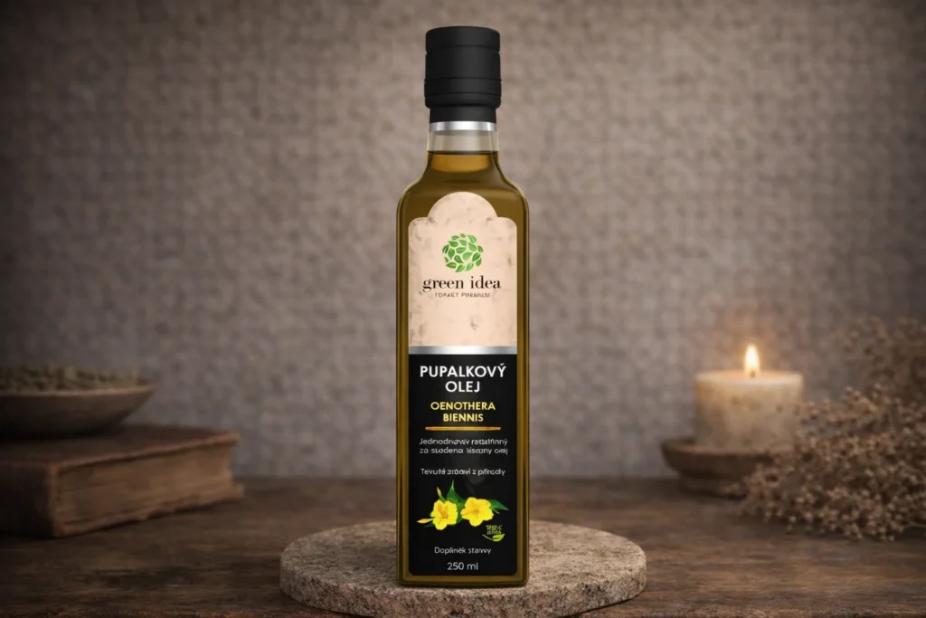 Pupalkový olej Green idea 250 ml vo fľaši pri sviečke