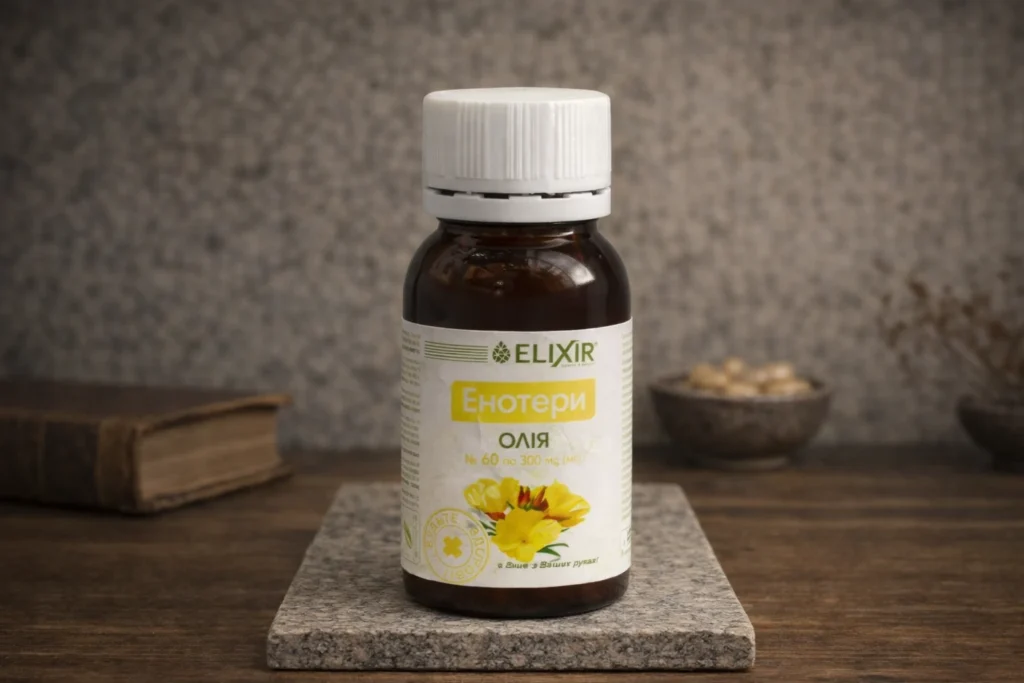 Pupalkový olej Elixir 60 kapsúl v tmavej fľaštičke na podstavci