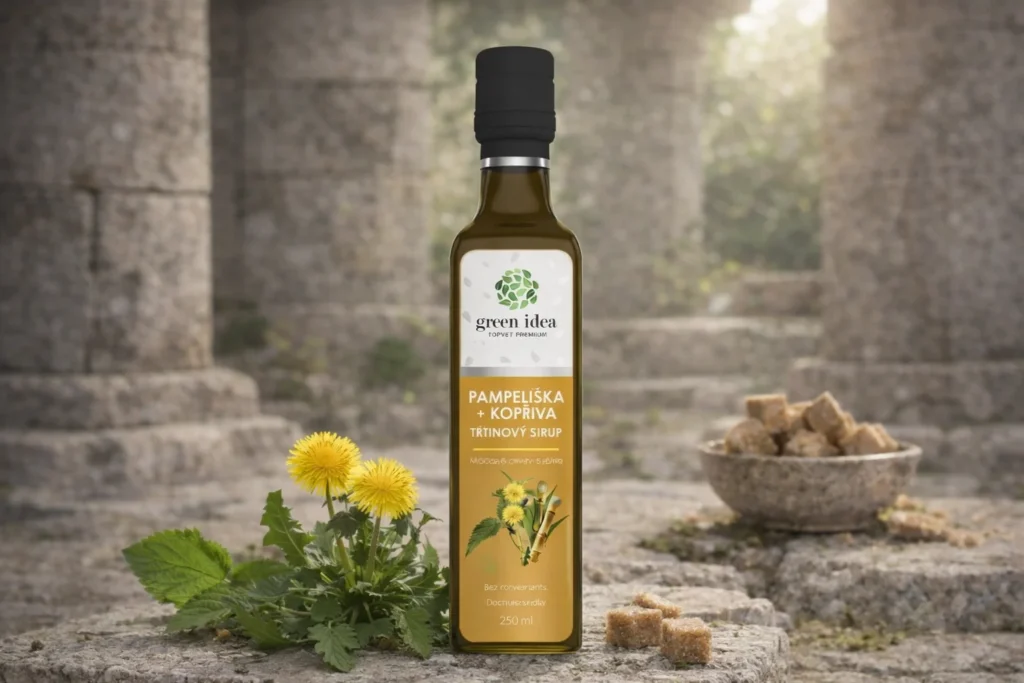 Púpava a žihľava trstinový sirup Green idea v prírodnej scéne