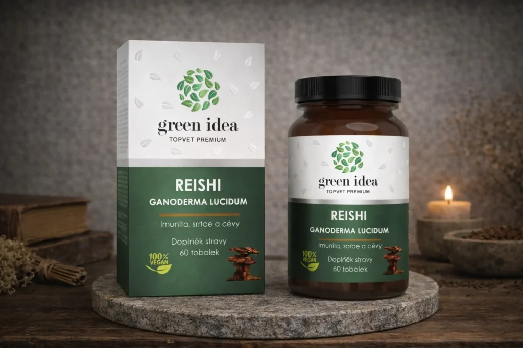 Reishi Green idea s krabičkou a fľašou na kamennej podložke