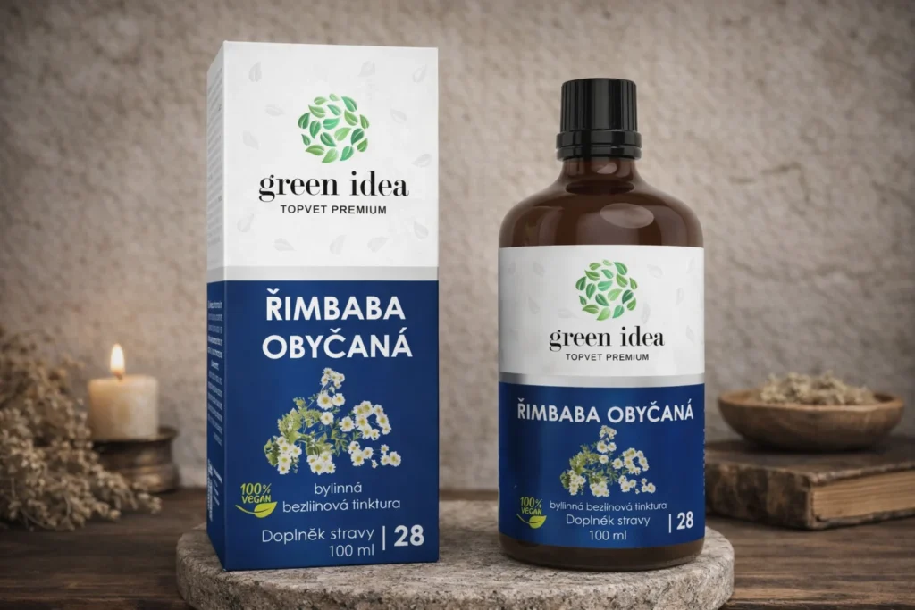 Rimbaba obyčajná bezliehová tinktúra Green idea s krabičkou v prírodnej scéne