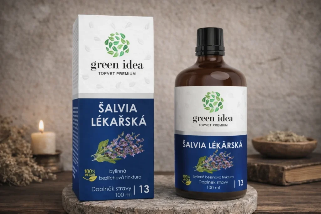 Šalvia lekárska bezliehová tinktúra Green idea s krabičkou v prírodnej scéne