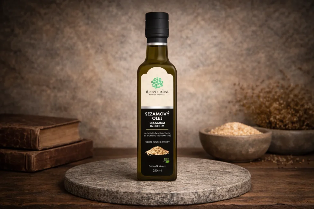 Sezamový olej Green idea 250 ml na kamennej podložke
