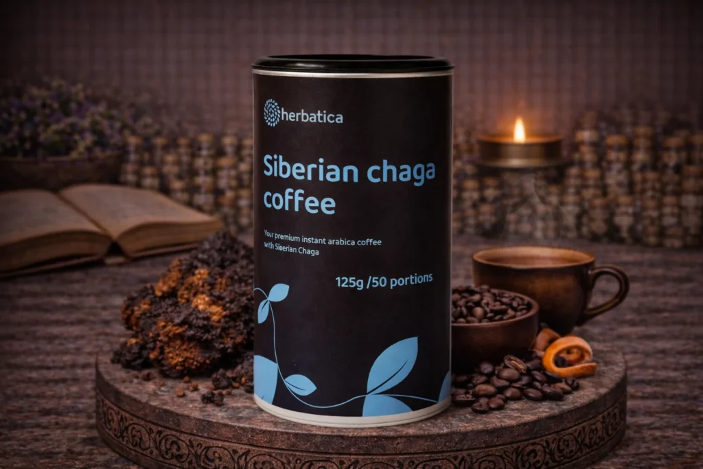 Sibírska čaga s instantnou kávou Arabica Herbatica s kávovými zrnami