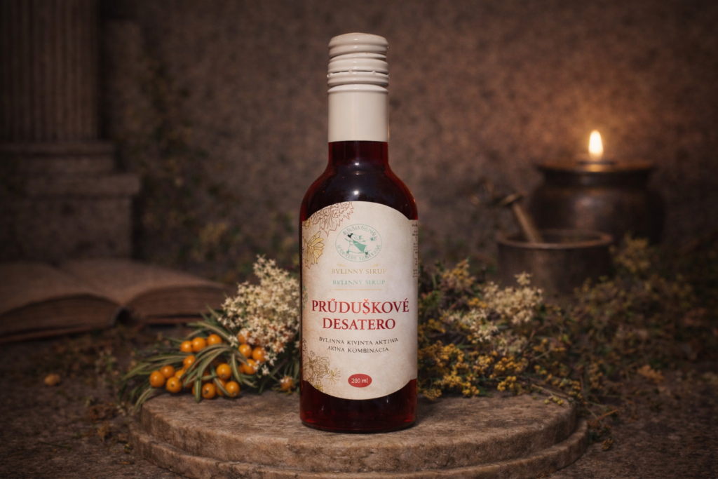 Bylinný sirup Průduškové desatero v prírodnej scéne