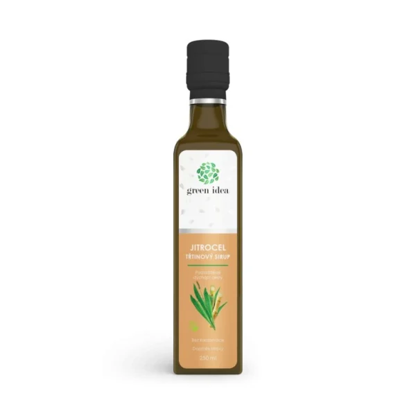 Skorocelový sirup Green Idea v sklenenej fľaši na bielom pozadí