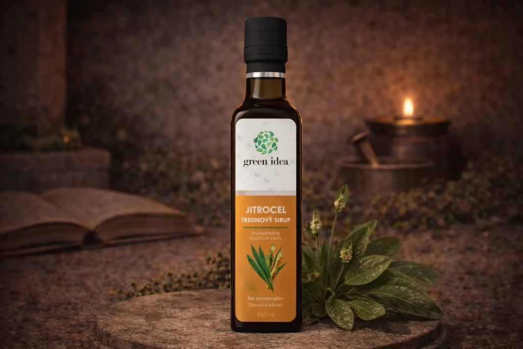 Skorocelový sirup Green Idea vo fľaši s listami skorocelu