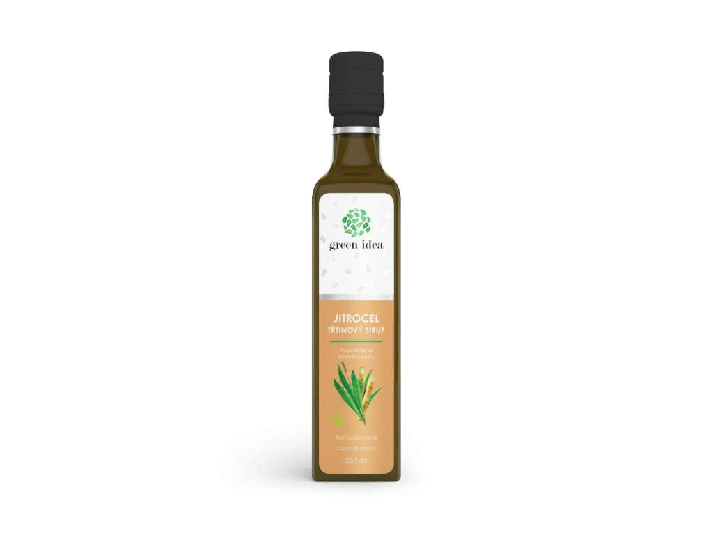 Skorocelový sirup Green Idea v sklenenej fľaši na bielom pozadí