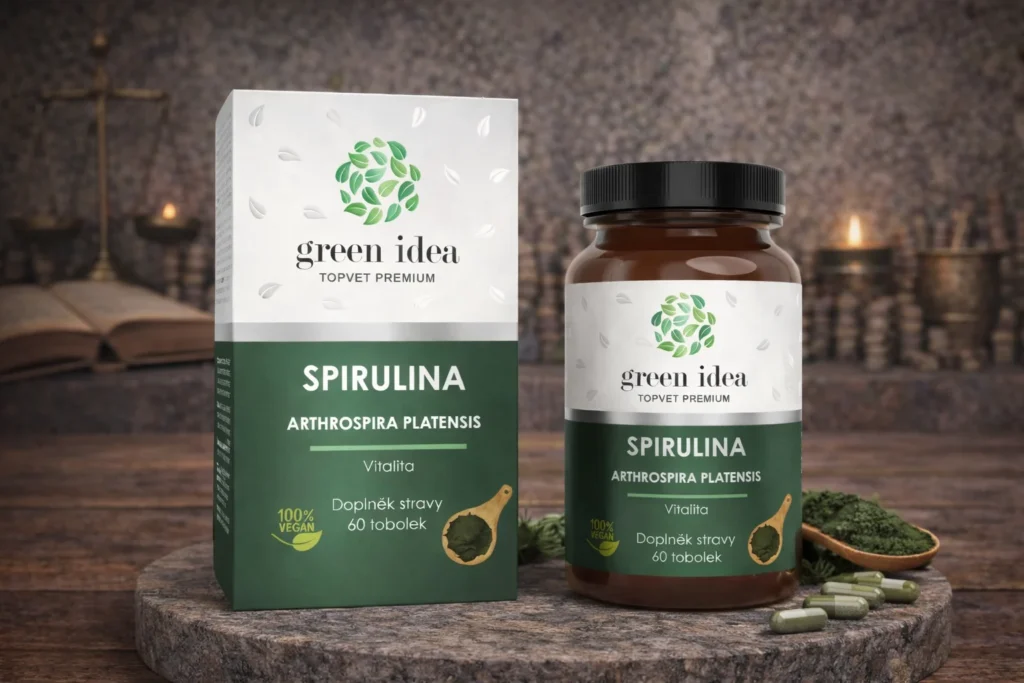 Green idea Spirulina kapsuly s krabičkou, fľaškou a zeleným práškom