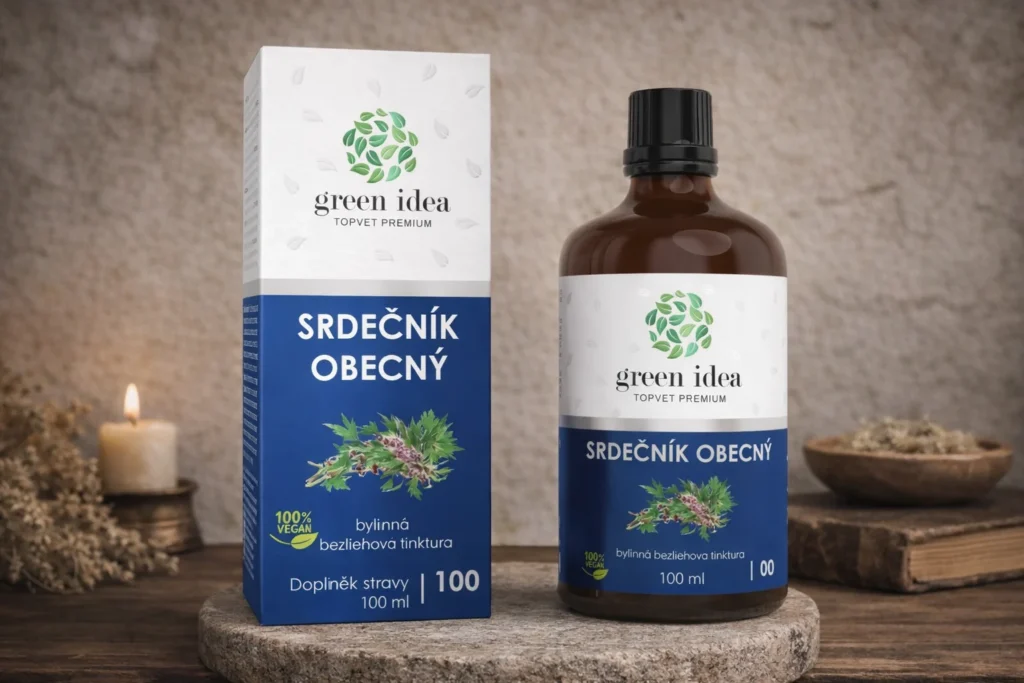 Srdcovník obyčajný bezliehová tinktúra Green idea s krabičkou v prírodnej scéne