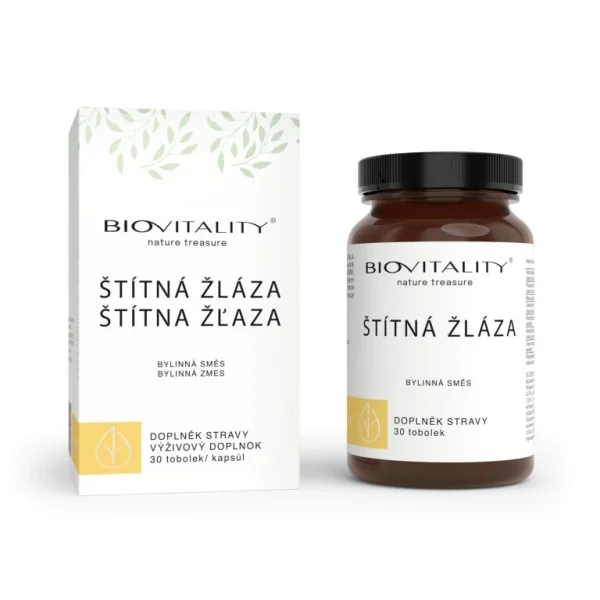 Štítna žľaza kapsuly BioVitality s krabičkou a hnedou dózou