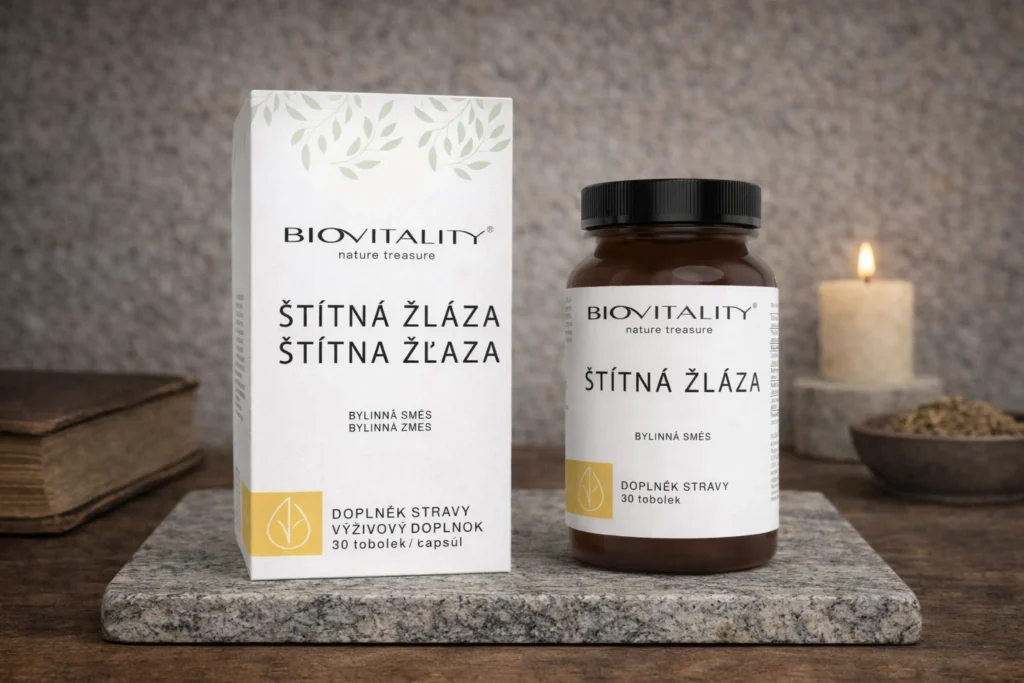 Štítna žľaza kapsuly BioVitality s krabičkou a dózou v aranžmáne