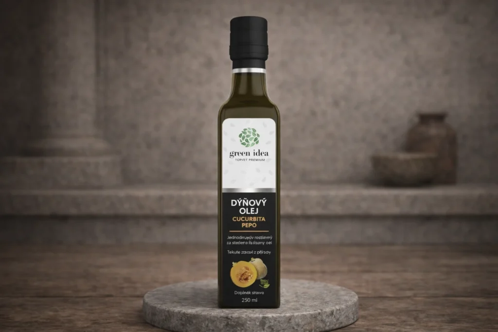 Tekvicový olej Green Idea 250 ml v prírodnej produktovej scéne