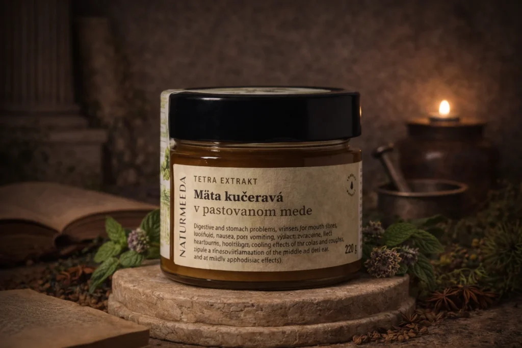 Mäta kučeravá v pastovanom mede Naturmeda 220 g v prírodnej scéne