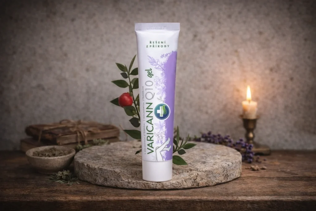 Varicann Q10 gél Annabis v tube na kamennom podstavci