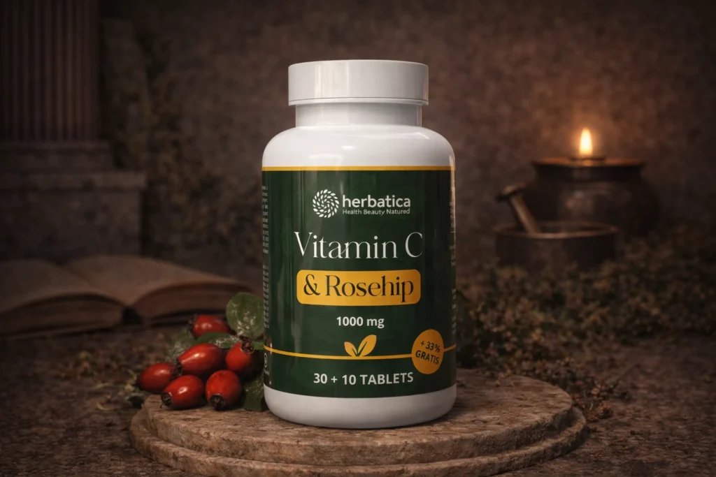 Vitamín C & Rosehip Herbatica 1000 mg v prírodnej scéne