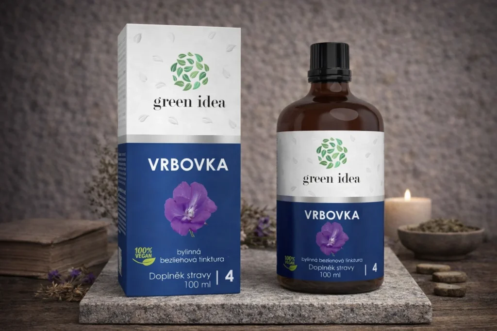 Vŕbovka bezliehová tinktúra Green idea s krabičkou v prírodnej scéne