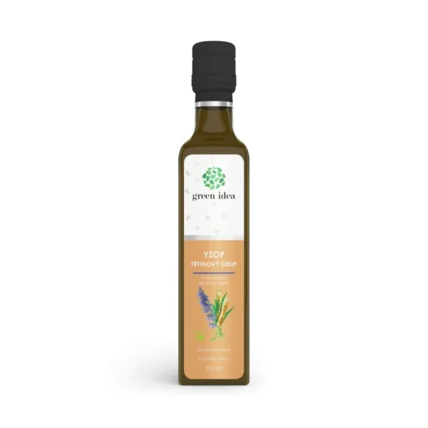 Yzopový sirup Green Idea v sklenenej fľaši na bielom pozadí