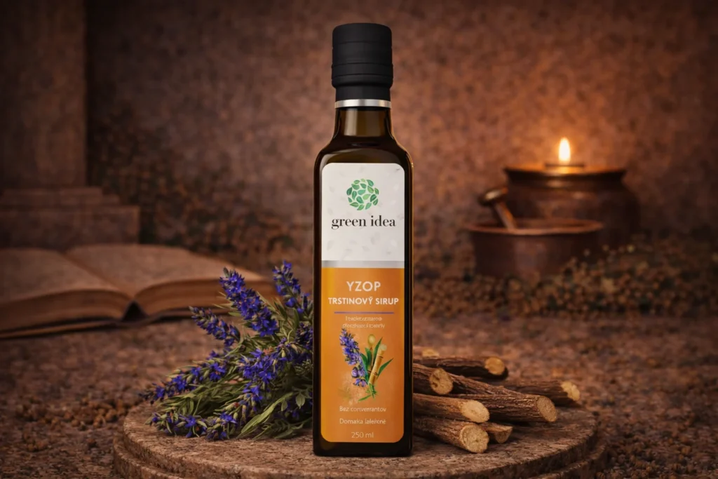 Yzopový sirup Green Idea vo fľaši s bylinkami v pozadí