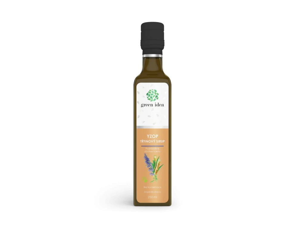 Yzopový sirup Green Idea v sklenenej fľaši na bielom pozadí