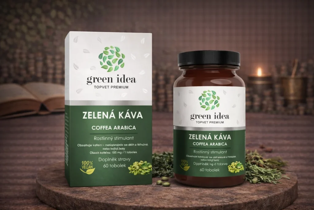 Green idea Zelená káva kapsuly s krabičkou, fľaškou a kávovými zrnami