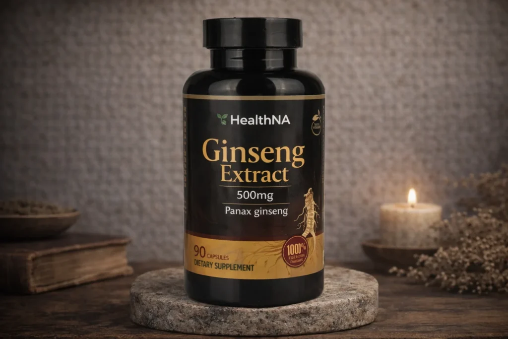 Ženšenový extrakt HealthNA 500 mg v čiernej dóze pri sviečke