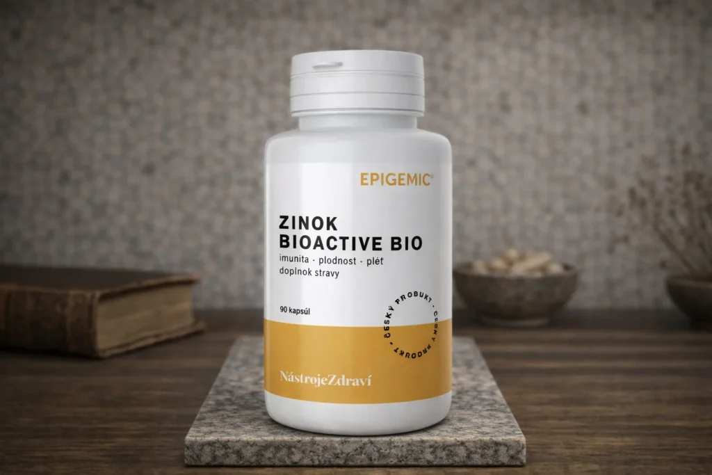 Zinok BioActive BIO Epigemic v bielej dóze na kamennom podklade