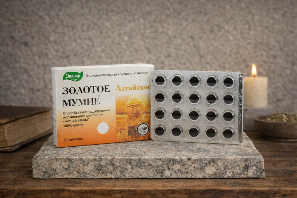 Zlaté mumio Evalar 20 tabliet s blistrom na kamennom podstavci