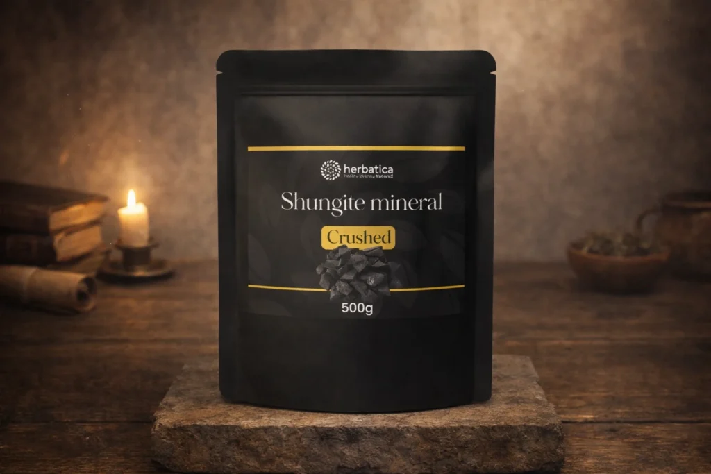 Šungit drť Herbatica 500 g v čiernom balení na podstavci